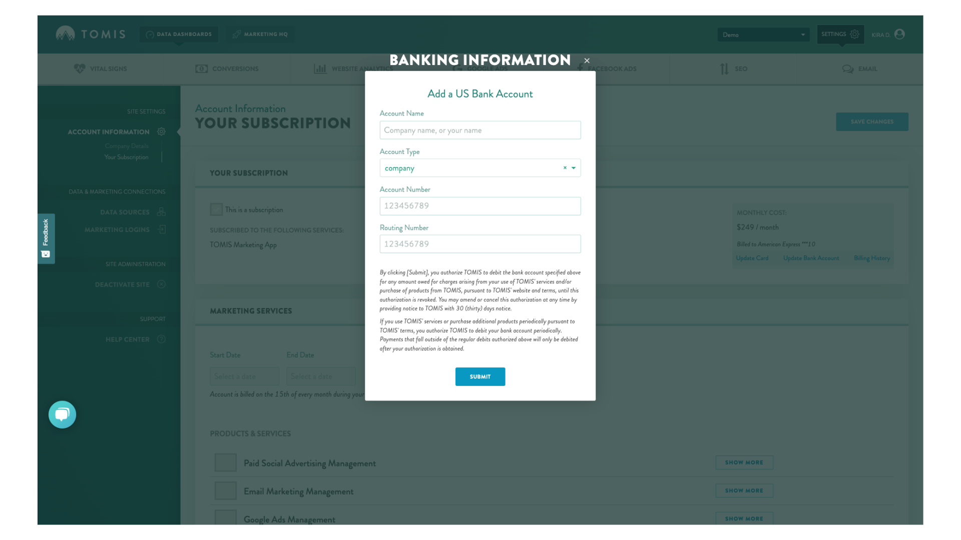 Setting up ACH in the TOMIS App