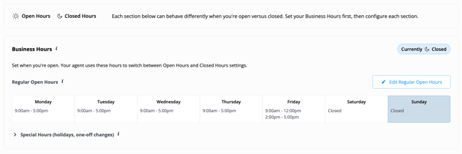 SCREENSHOT: Business Hours with the Regular Open Hours gris and the Currently Open/Closed indicator